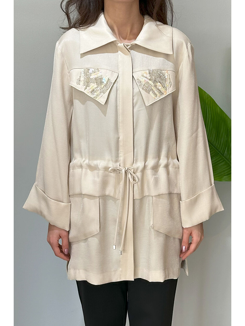 Boncuk İşleme Detaylı Kap Ceket 6009 Bej-2