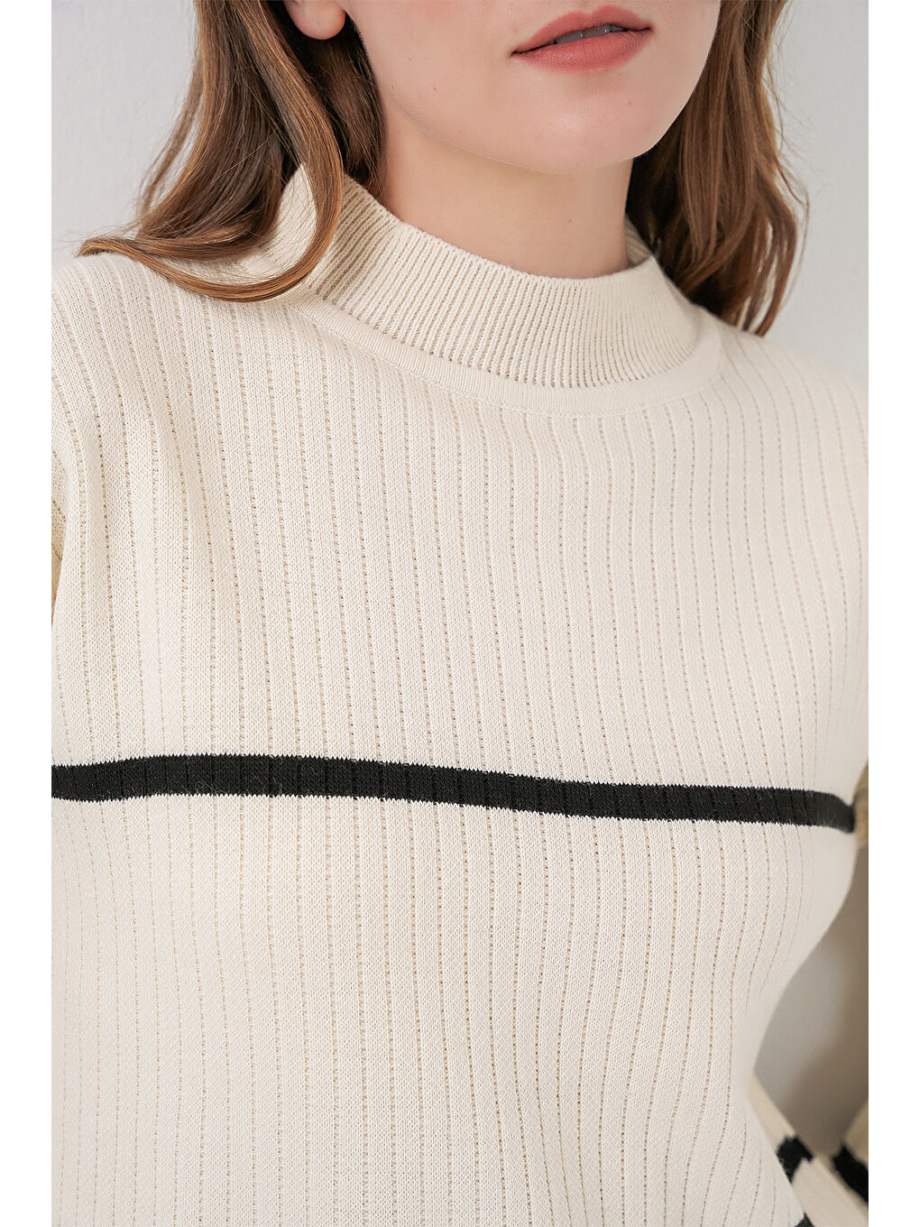 Kadın Çizgili Oversize Triko İkili Takım 15959 - Ekru-4