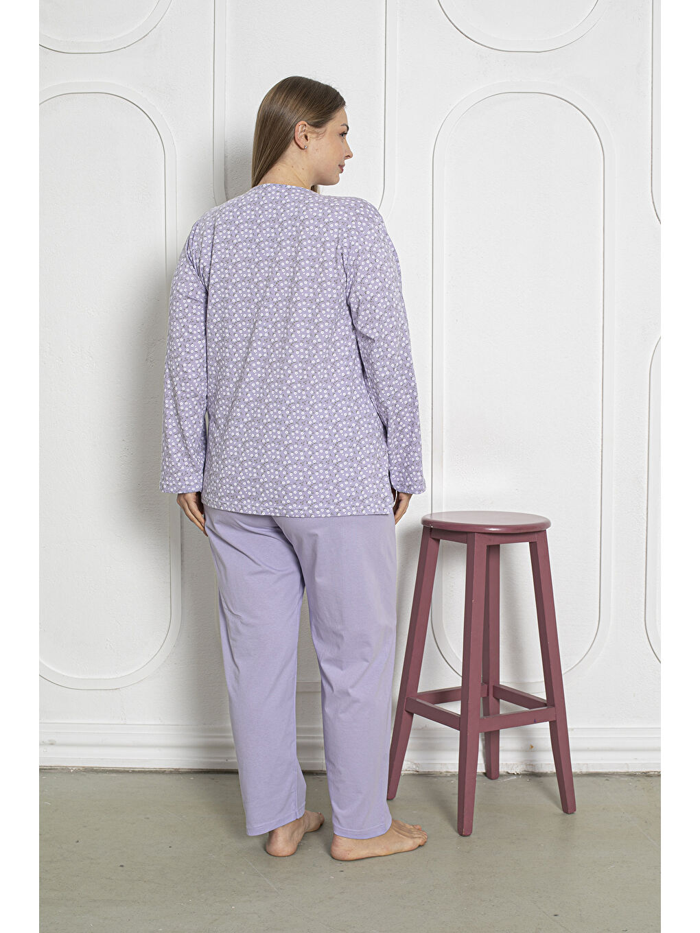 Lila %100 Pamuklu Uzun Kollu Boydan Düğmeli Büyük Beden Kadın Pijama Takımı 206-3