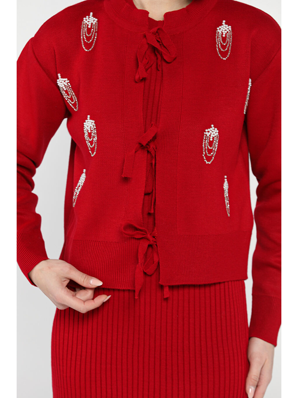 Kırmızı Kadın İnci Ve Taş İşlemeli Triko Elbise Hırka İkili Takım-3