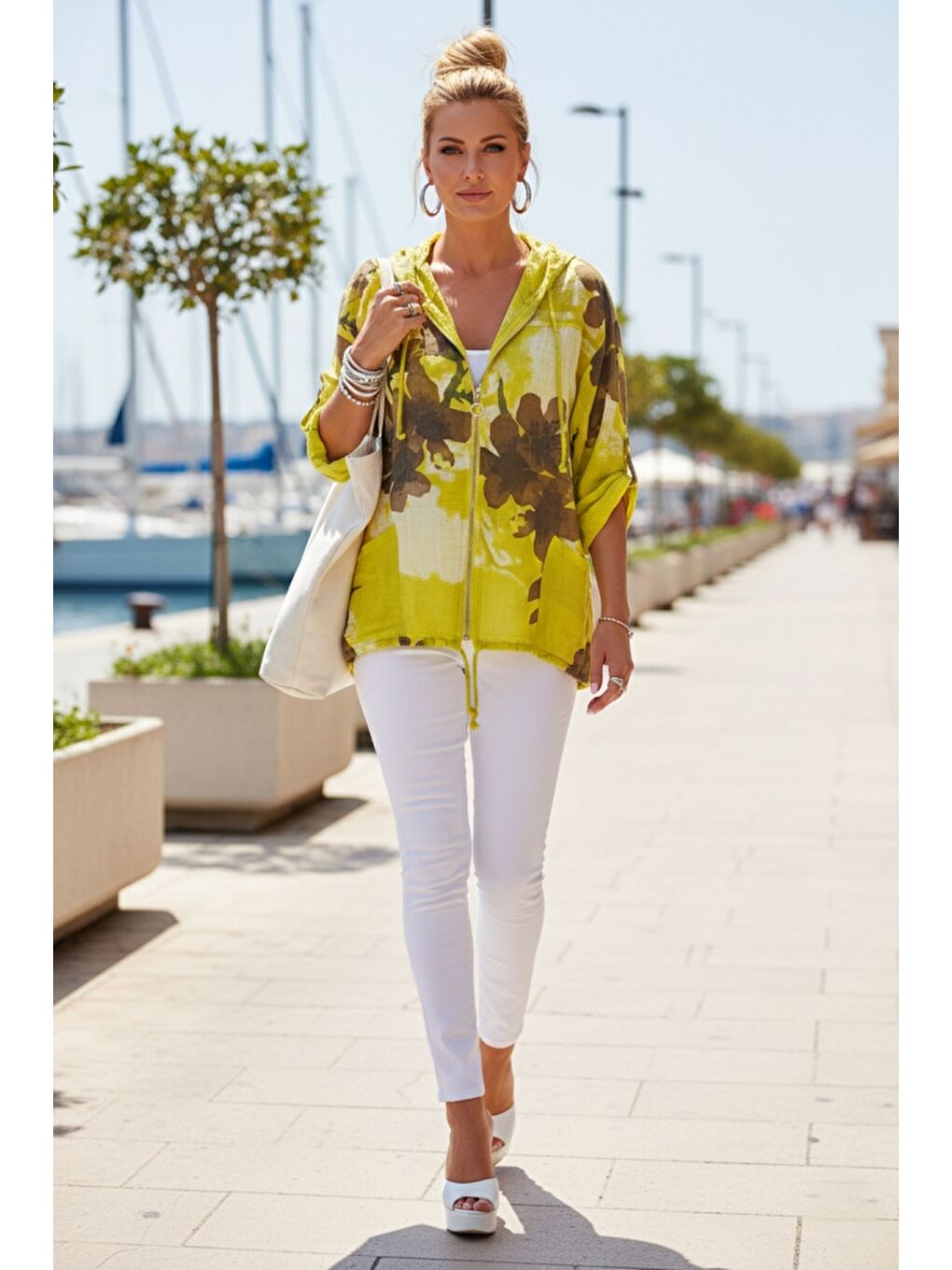 İtalyan Sarı Düğmeli Uzun Kollu Cepli Kapüşonlu Fermuarlı Baskılı Regular Boy Dokuma Ceket 68 65-4