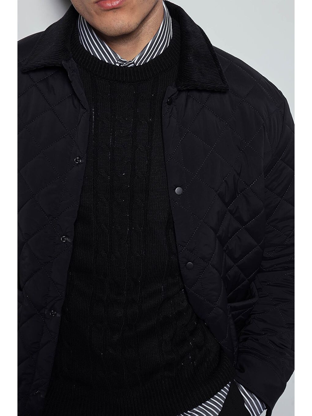 Erkek Oversize Fitilli Yaka Detaylı Kapitone Ceket Siyah-1