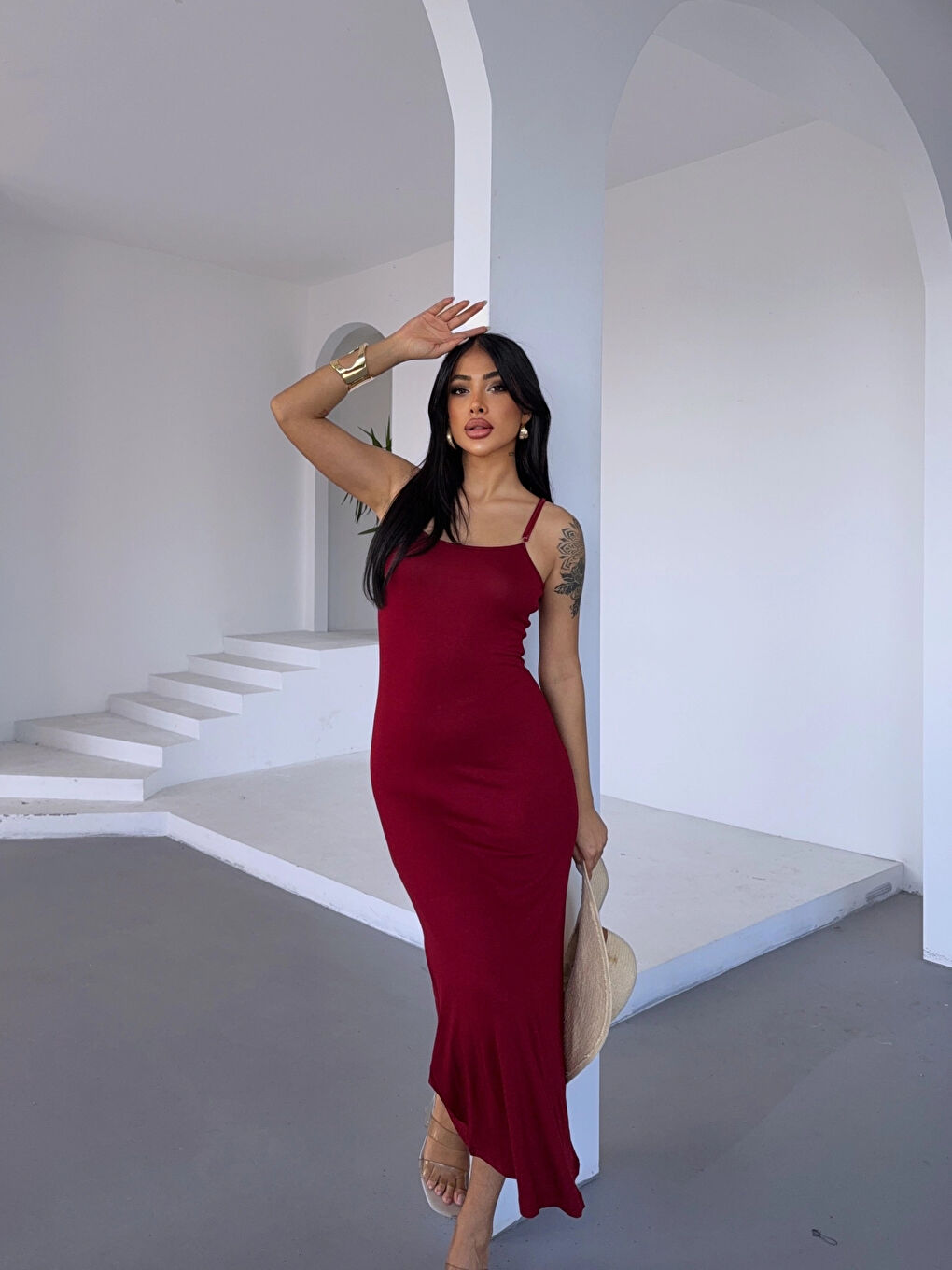 Kadın Bordo Ayarlanabilir Askılı Midi Boy Elbise HZL25S-FRY122921-4