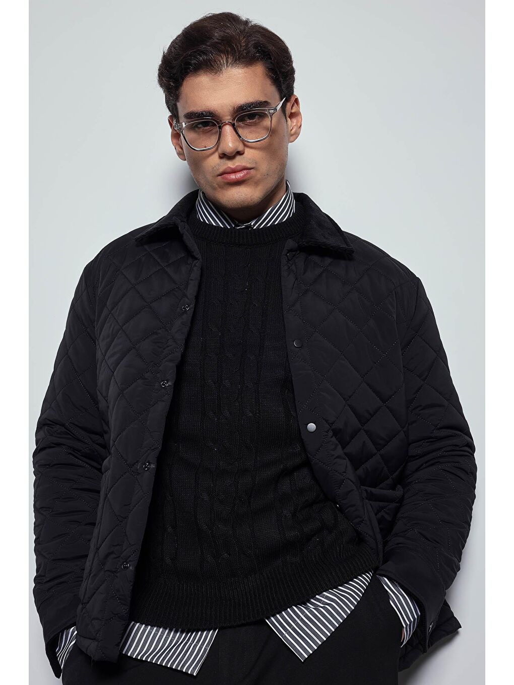 Erkek Oversize Fitilli Yaka Detaylı Kapitone Ceket Siyah-2