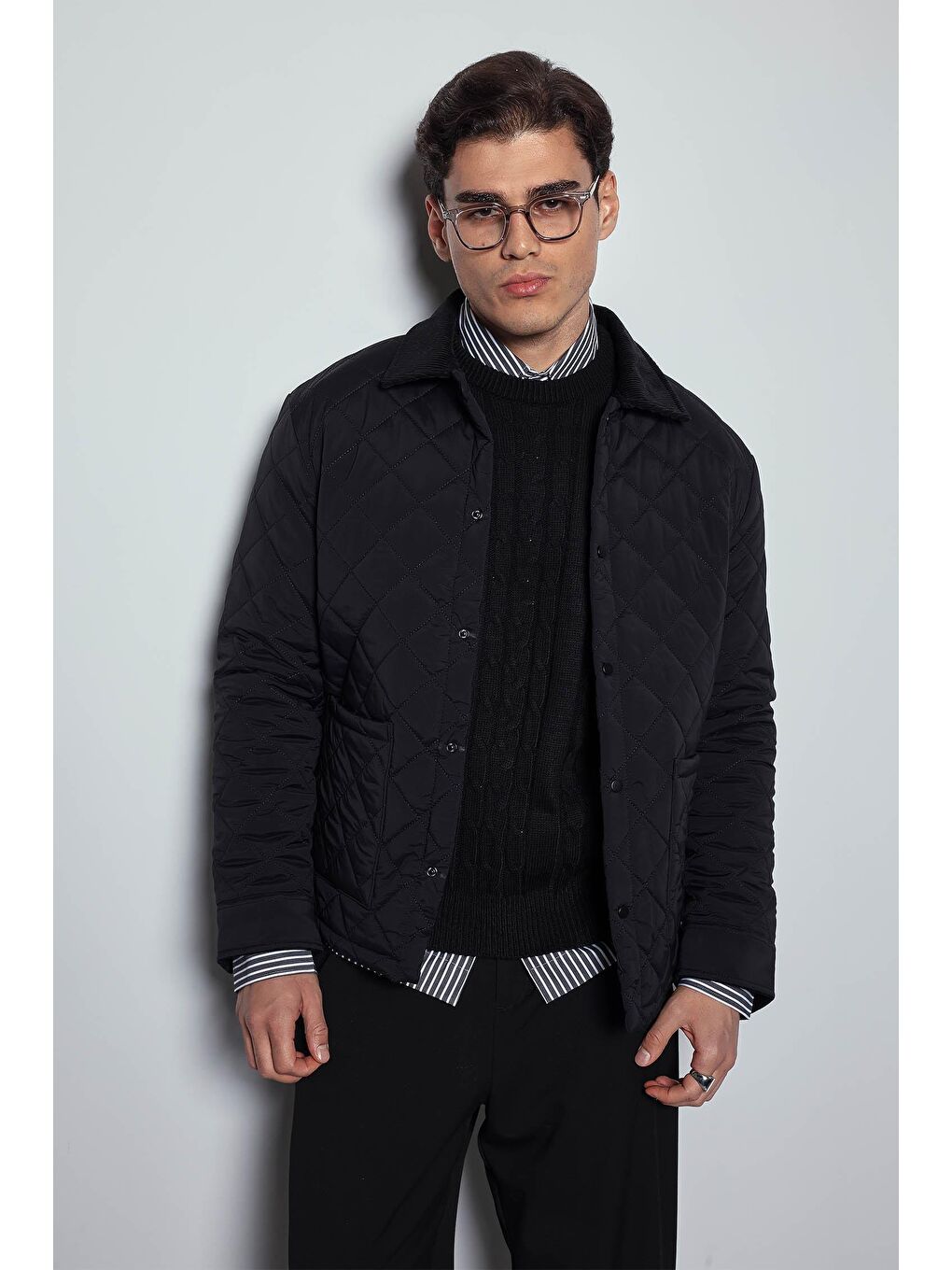 Erkek Oversize Fitilli Yaka Detaylı Kapitone Ceket Siyah-3