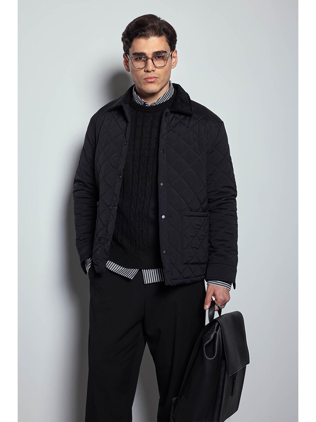 Erkek Oversize Fitilli Yaka Detaylı Kapitone Ceket Siyah-4