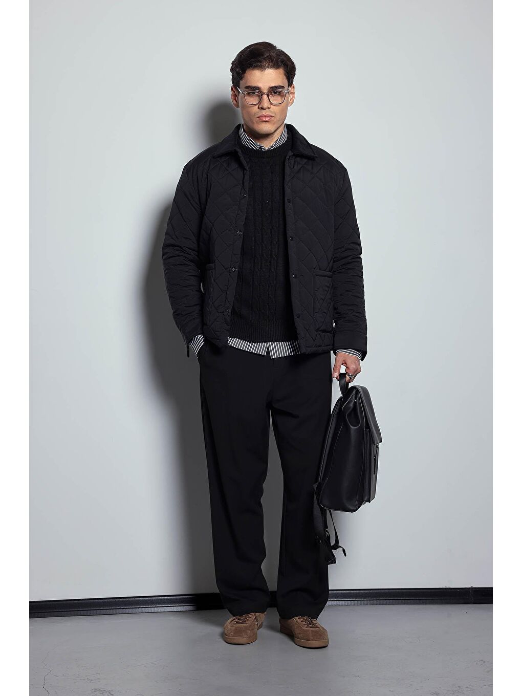 Erkek Oversize Fitilli Yaka Detaylı Kapitone Ceket Siyah-5