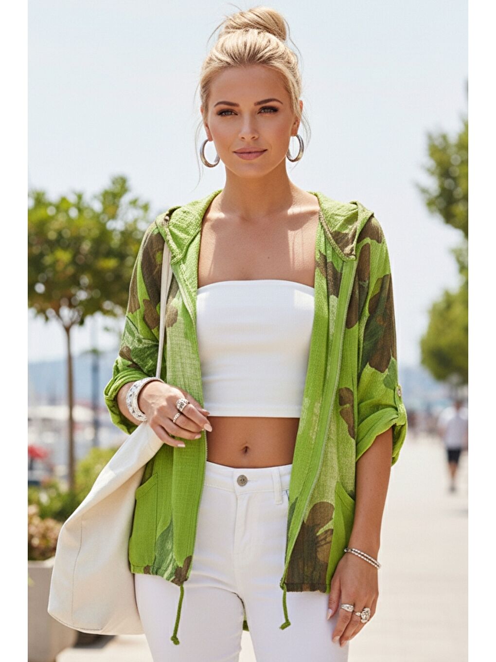 İtalyan Fıstık Yeşili Düğmeli Uzun Kollu Cepli Kapüşonlu Fermuarlı Regular Boy Dokuma Ceket 68 65-2