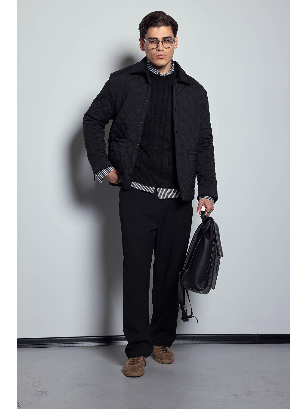 Erkek Oversize Fitilli Yaka Detaylı Kapitone Ceket Siyah-6