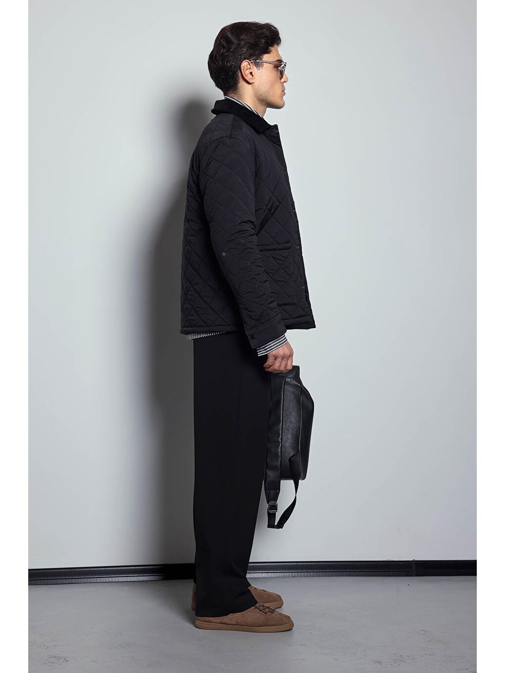Erkek Oversize Fitilli Yaka Detaylı Kapitone Ceket Siyah-7