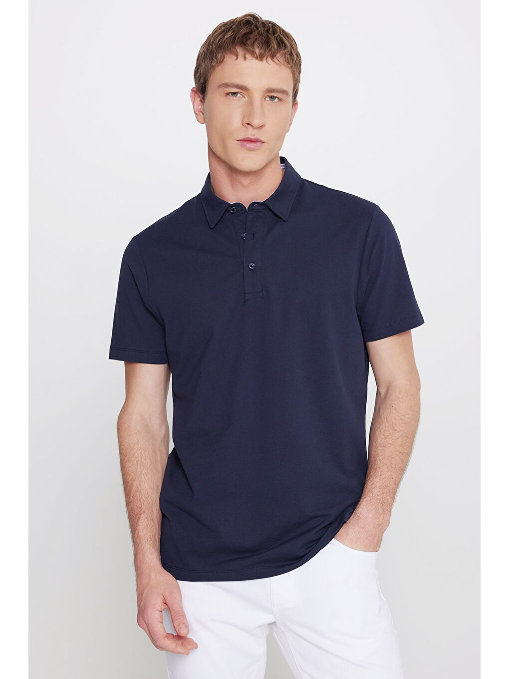 Erkek Lacivert Pamuklu Slim Fit Dar Kesim Polo Yaka Esnek Tişört-2