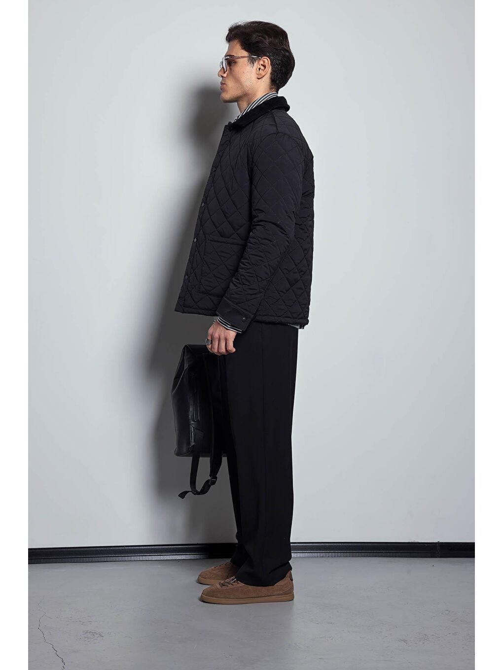 Erkek Oversize Fitilli Yaka Detaylı Kapitone Ceket Siyah-8