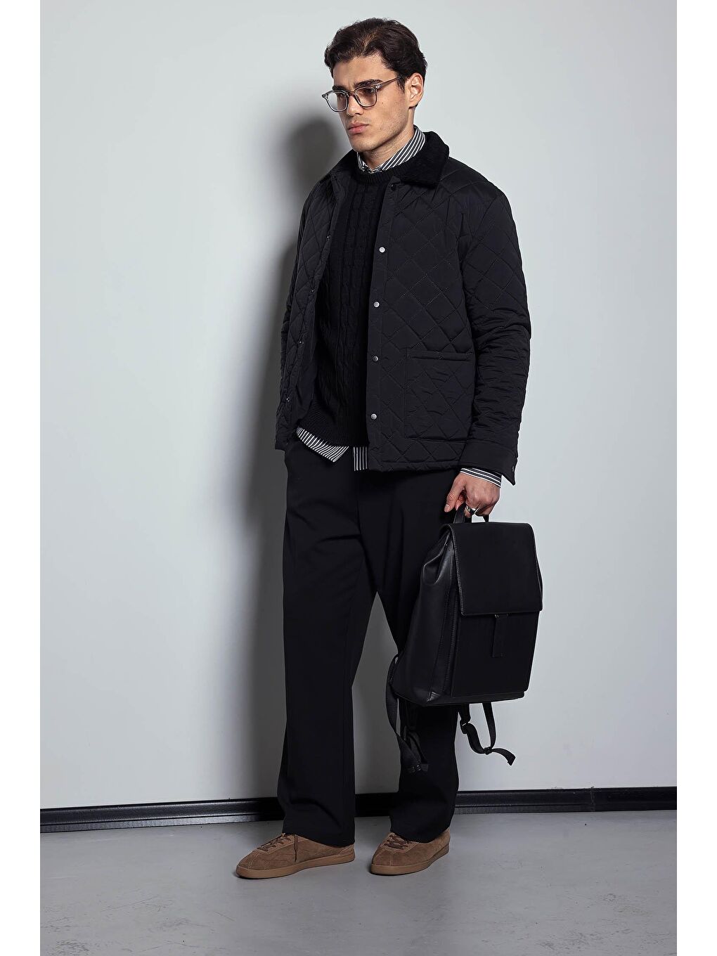 Erkek Oversize Fitilli Yaka Detaylı Kapitone Ceket Siyah-9