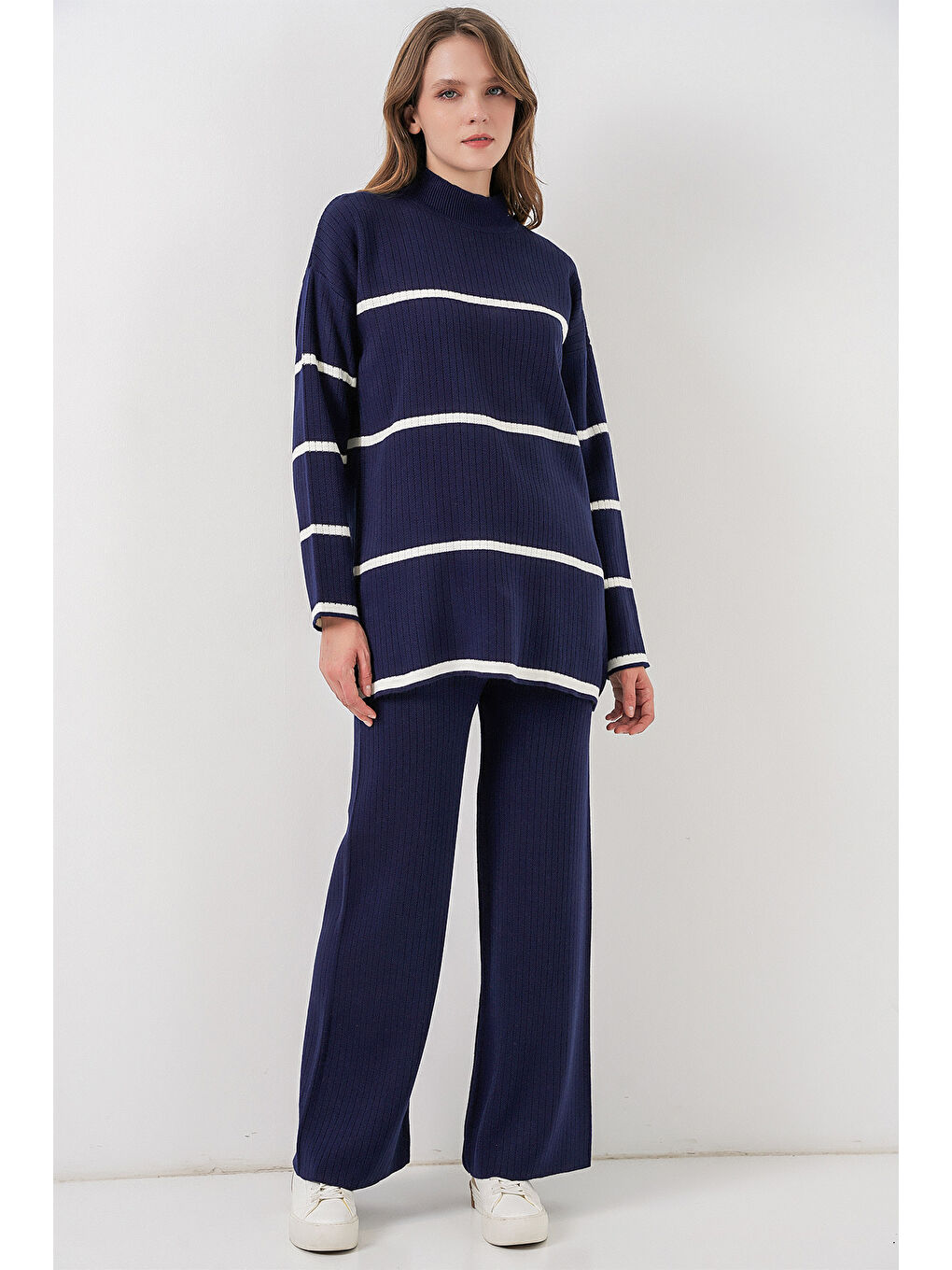 Kadın Çizgili Oversize Triko İkili Takım 15959 - Lacivert