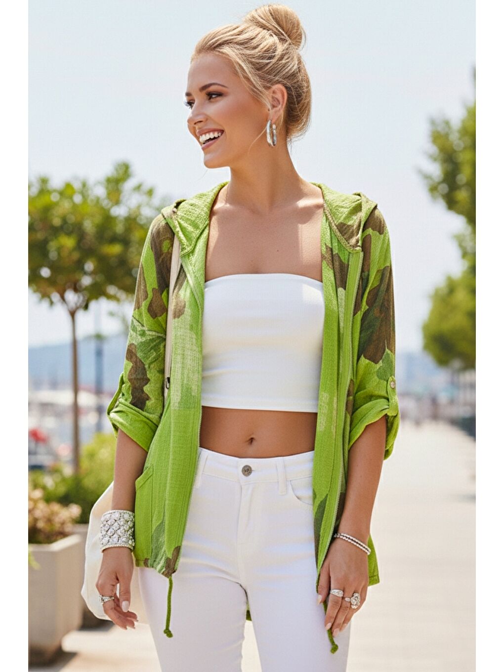 İtalyan Fıstık Yeşili Düğmeli Uzun Kollu Cepli Kapüşonlu Fermuarlı Regular Boy Dokuma Ceket 68 65-3