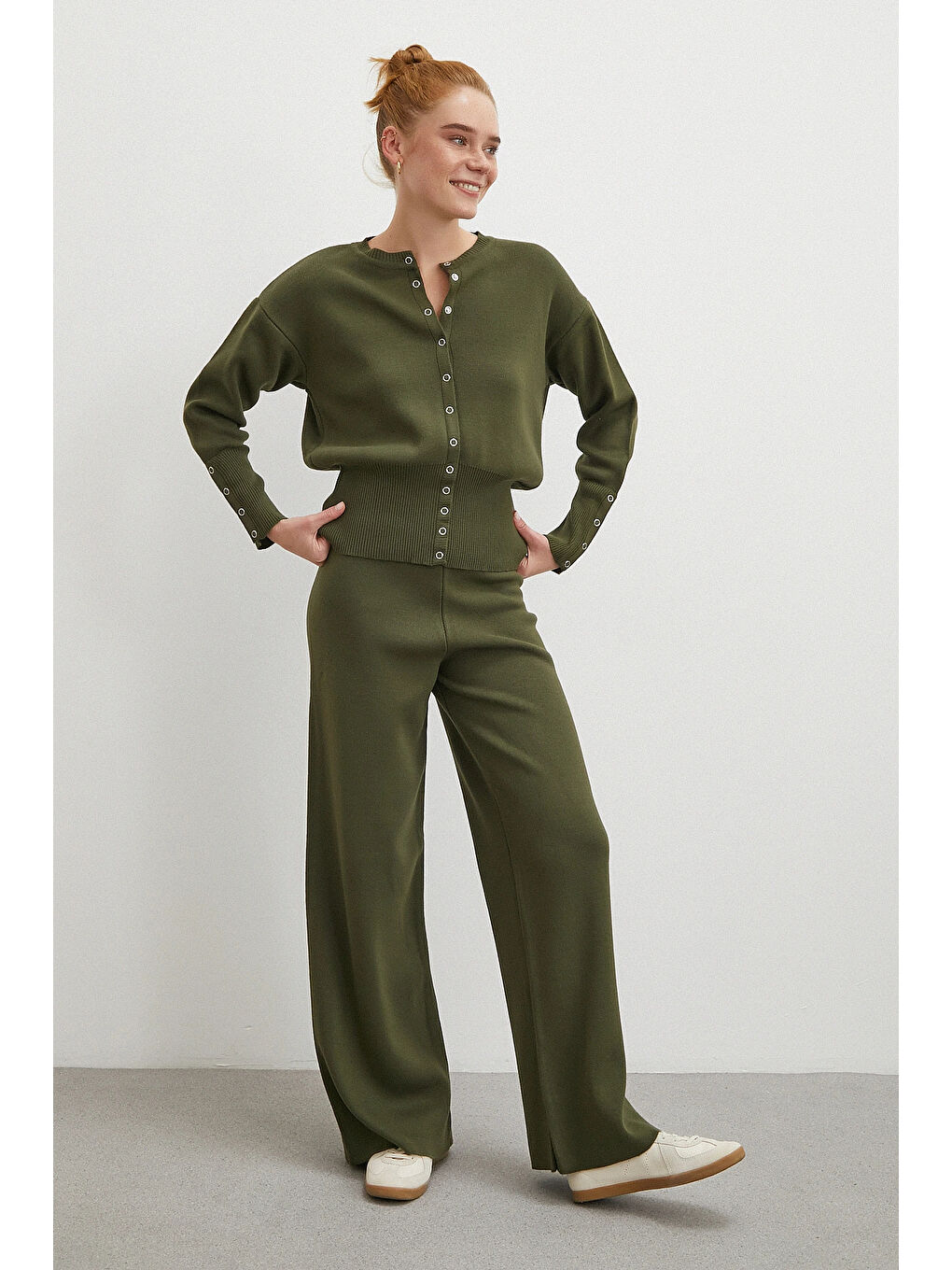 Çıtçıtlı Pantolonlu Triko Takım Haki