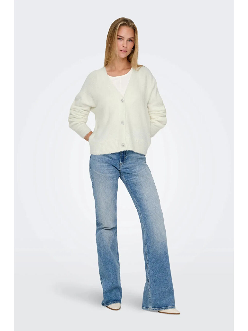 Ekru Onlella Regular Fit Örme V Yaka Kadın Hırka 15259564-2