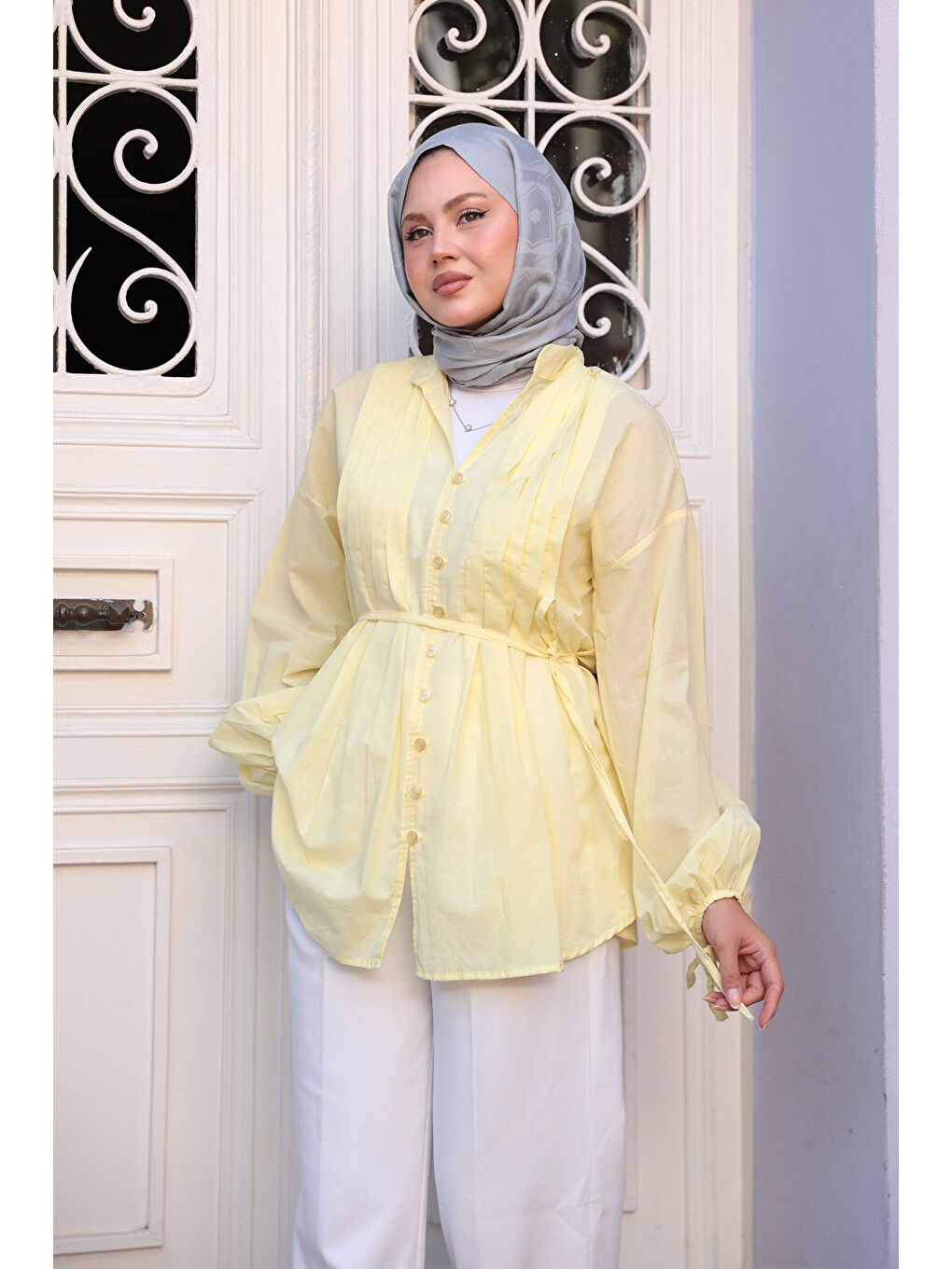 Kadın Önü Pile Detay Vual Gömlek Sarı-1