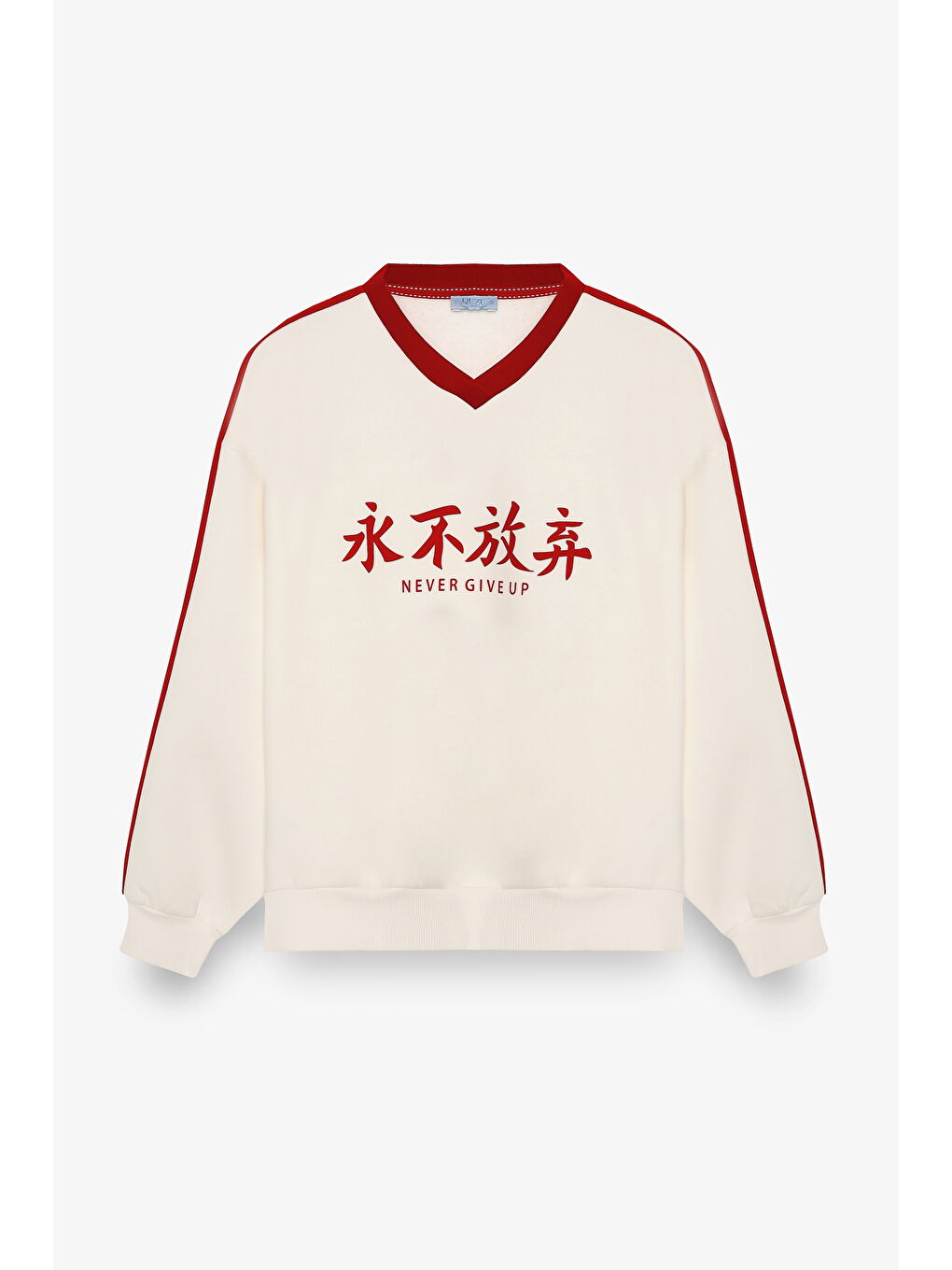 Şeritli Yazı Baskılı V Yaka Sweatshirt Ekru