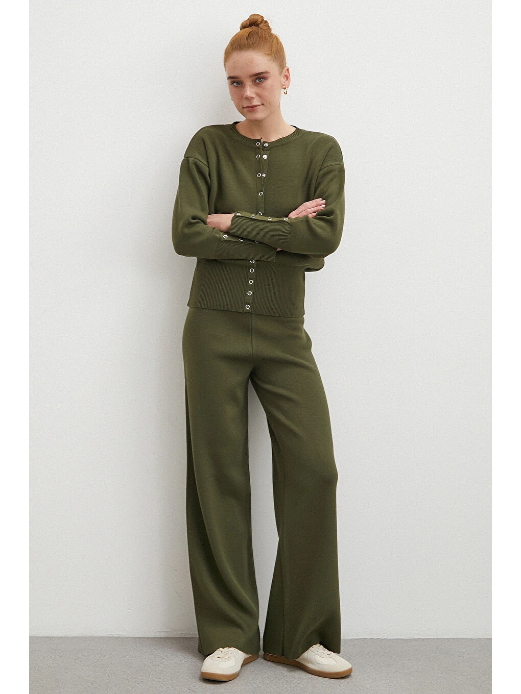 Çıtçıtlı Pantolonlu Triko Takım Haki-2