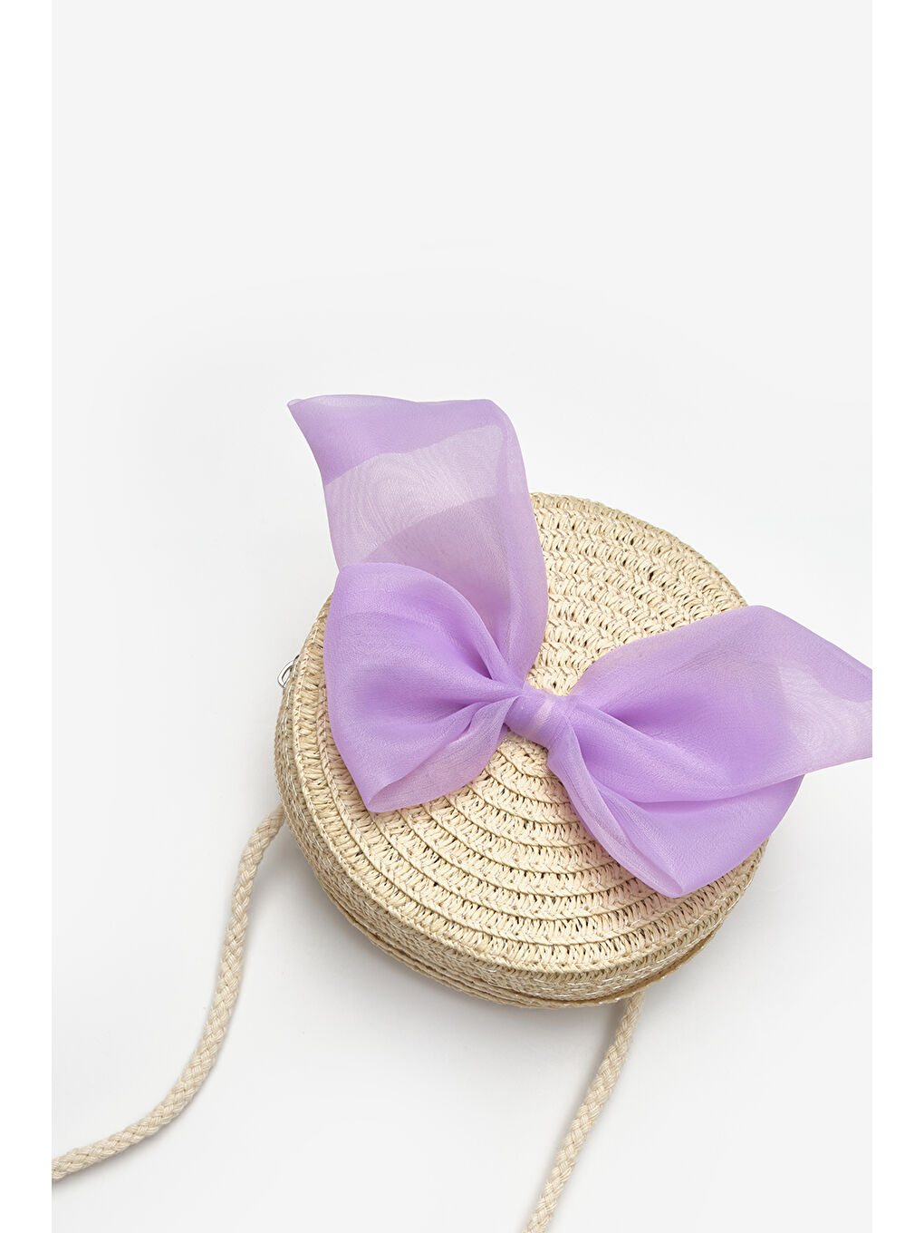 Lila Fiyonklu Kız Çocuk Bej Hasır Çanta-1