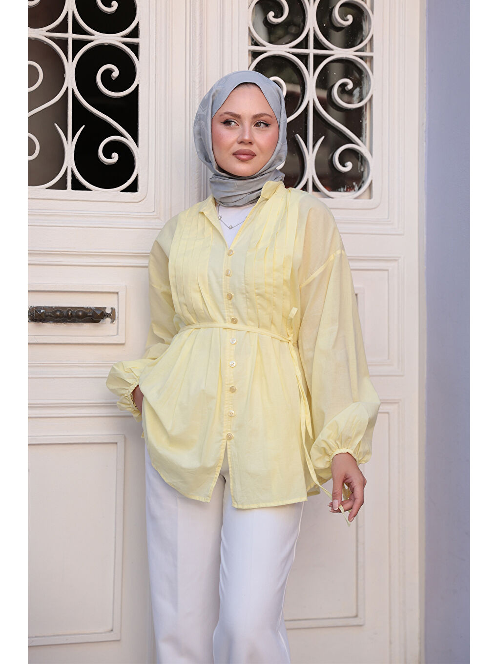 Kadın Önü Pile Detay Vual Gömlek Sarı-2
