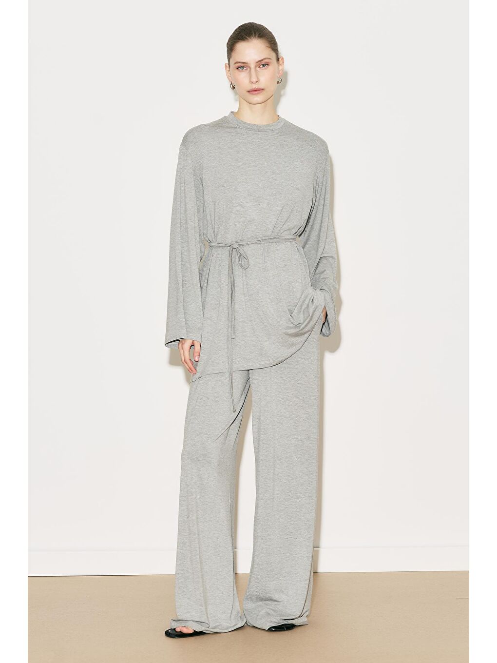 Easy Kuşaklı Rahat Bluz Gri Melanj-1