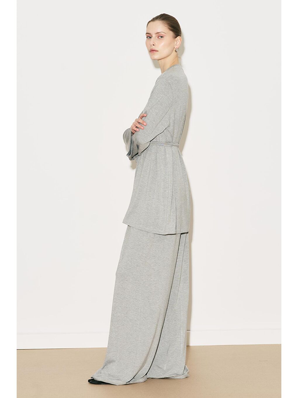 Easy Kuşaklı Rahat Bluz Gri Melanj-2