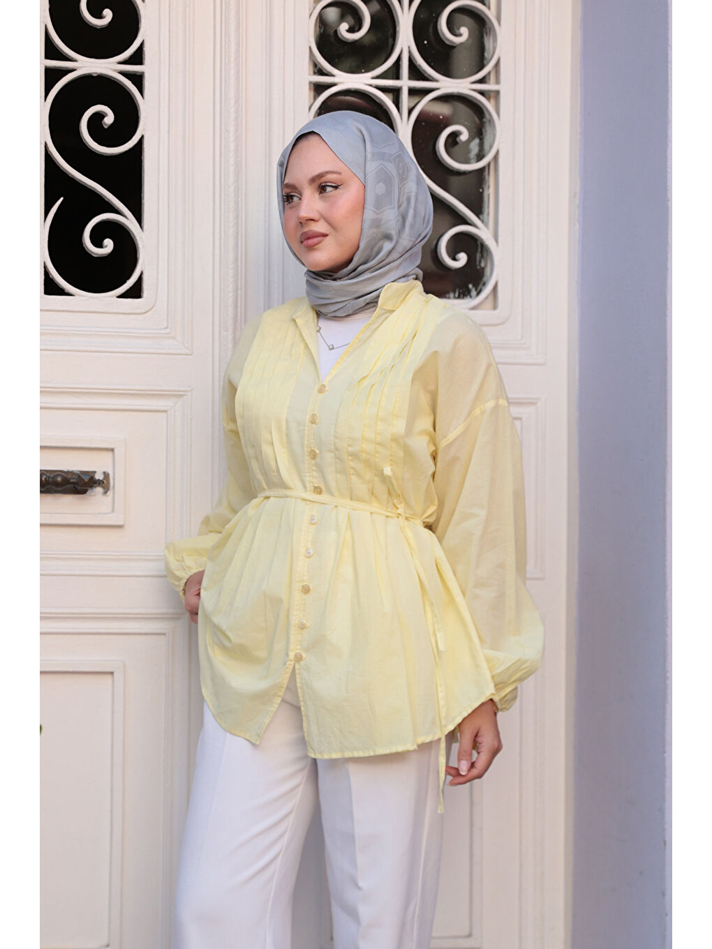 Kadın Önü Pile Detay Vual Gömlek Sarı-3