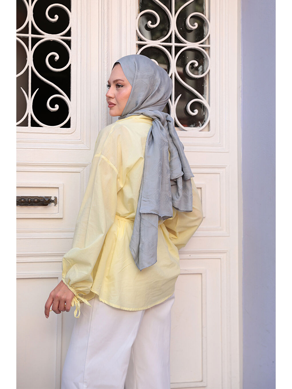 Kadın Önü Pile Detay Vual Gömlek Sarı-4