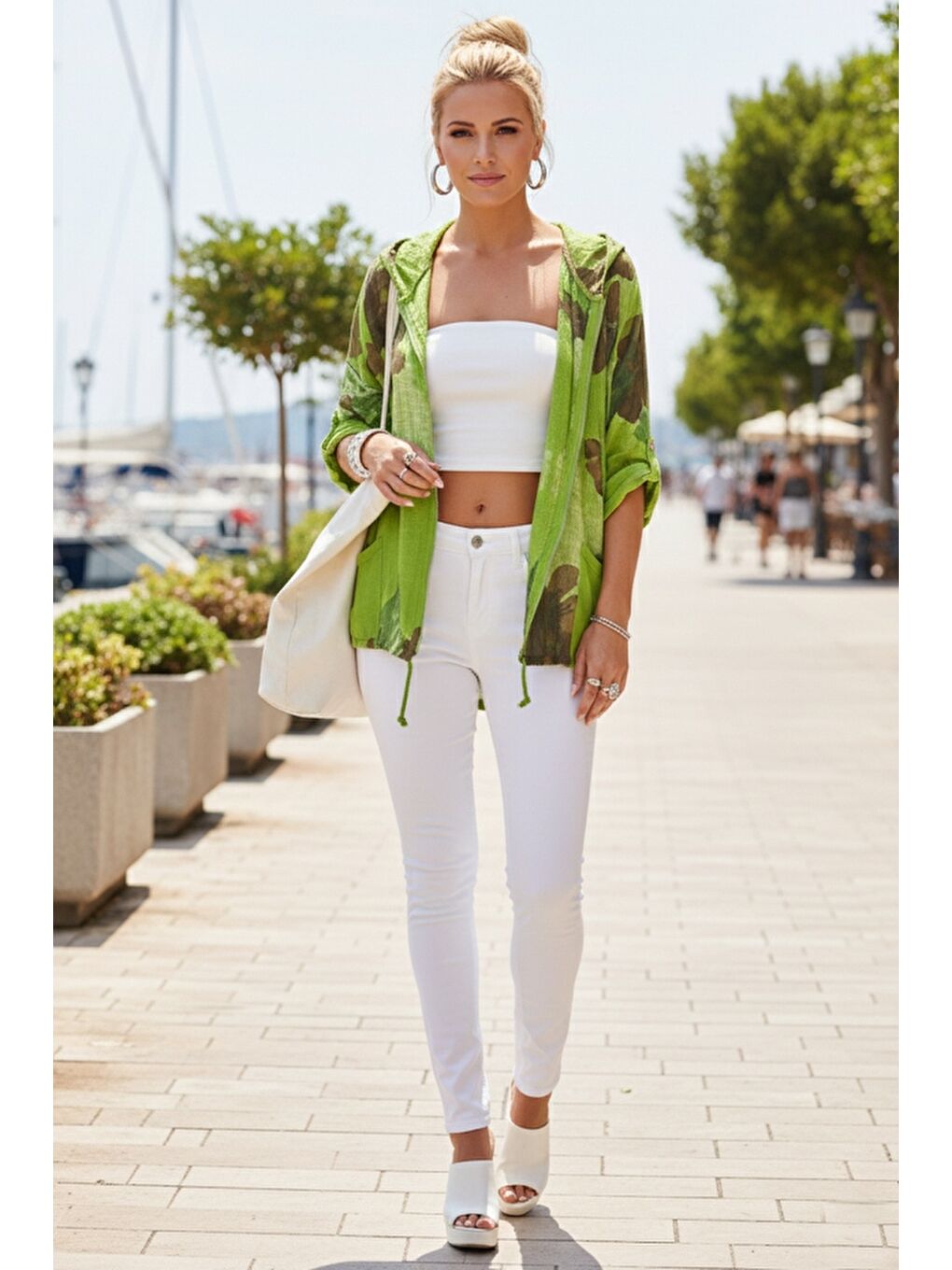 İtalyan Fıstık Yeşili Düğmeli Uzun Kollu Cepli Kapüşonlu Fermuarlı Regular Boy Dokuma Ceket 68 65-5