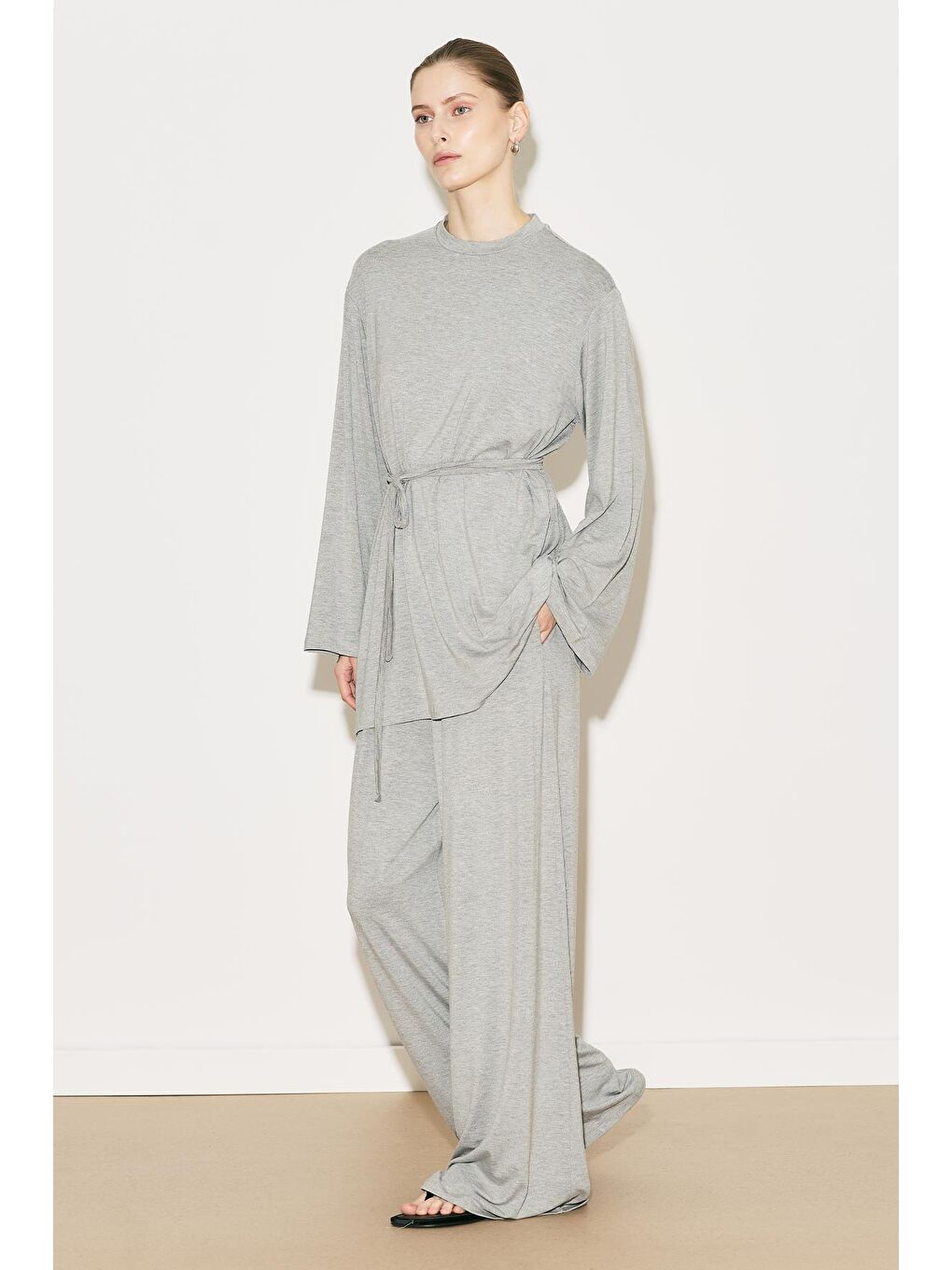 Easy Kuşaklı Rahat Bluz Gri Melanj-3