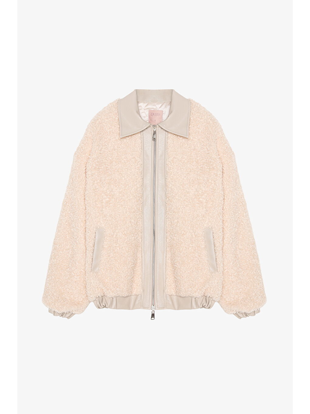 Deri Garnili Pelüş Kısa Kaban Bej