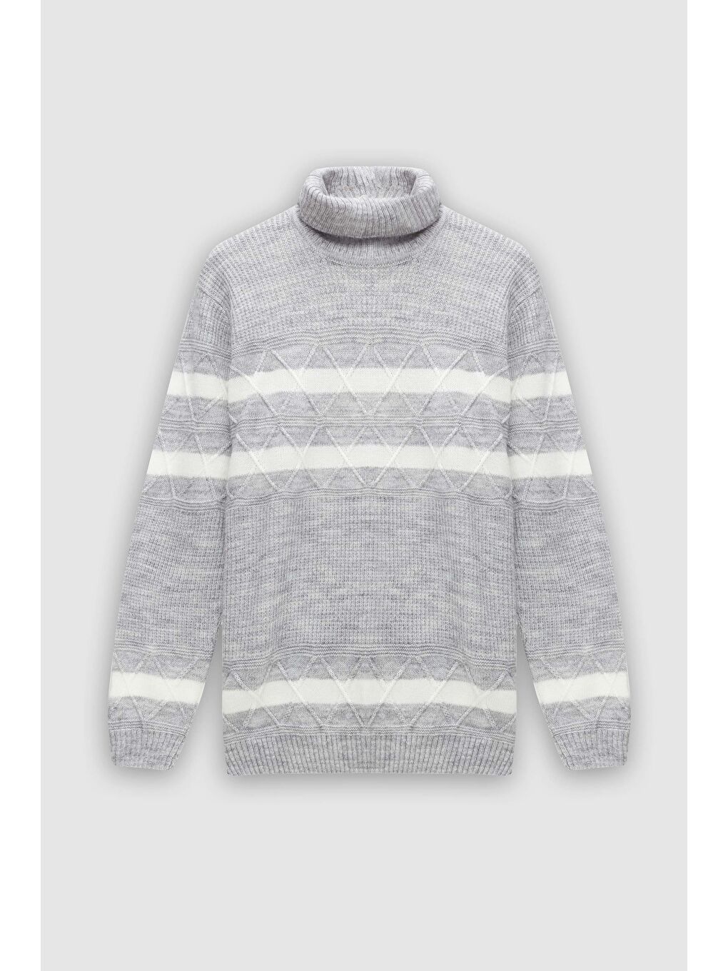 Regular Fit Gri Melanj Çizgili Tüylenme Yapmayan Tam Balıkçı Yaka Triko Kazak-4