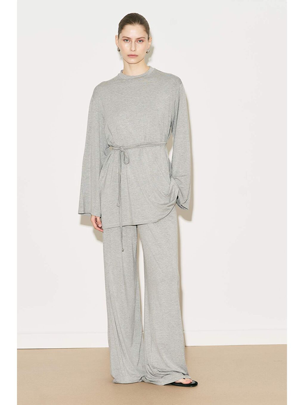 Easy Kuşaklı Rahat Bluz Gri Melanj-4