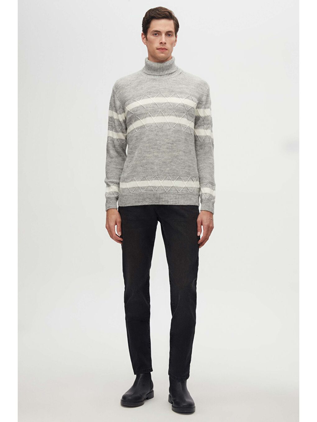 Regular Fit Gri Melanj Çizgili Tüylenme Yapmayan Tam Balıkçı Yaka Triko Kazak-5