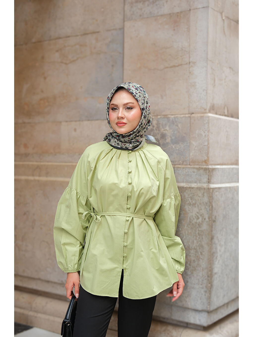 Kadın Brit Düğme Detaylı Gömlek Yeşil-1