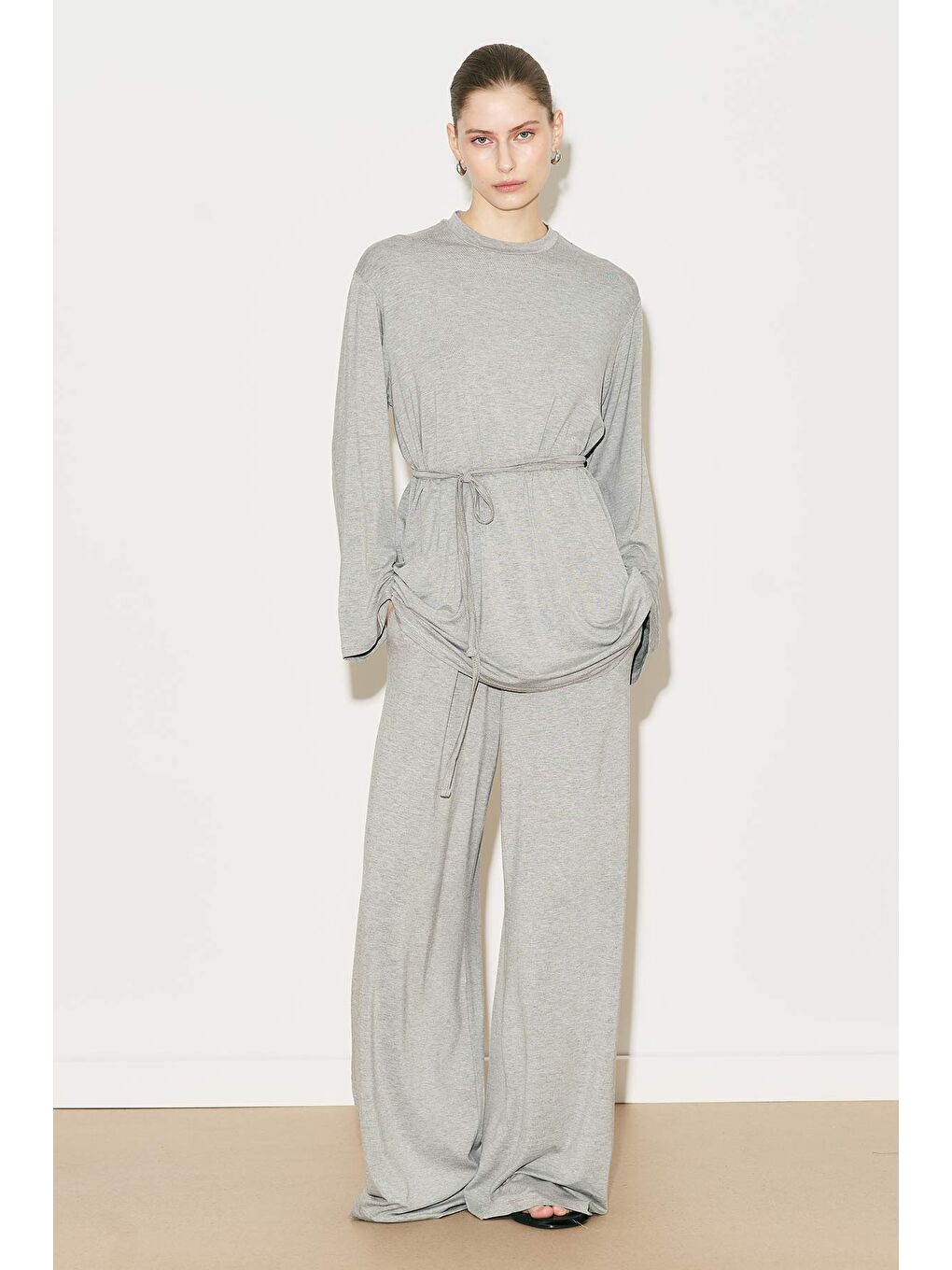 Easy Kuşaklı Rahat Bluz Gri Melanj-5