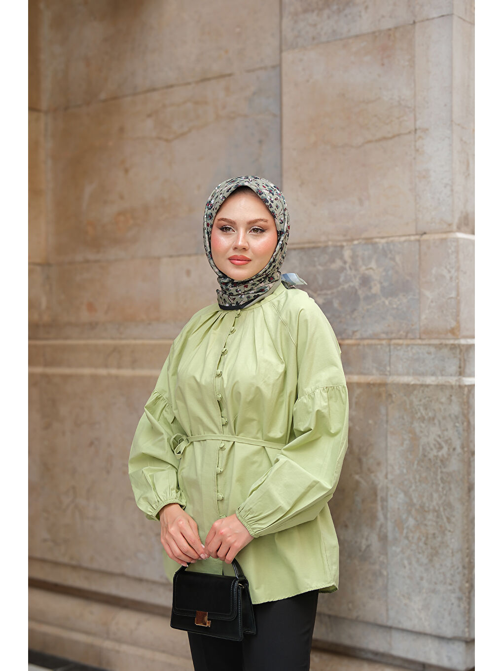 Kadın Brit Düğme Detaylı Gömlek Yeşil-2