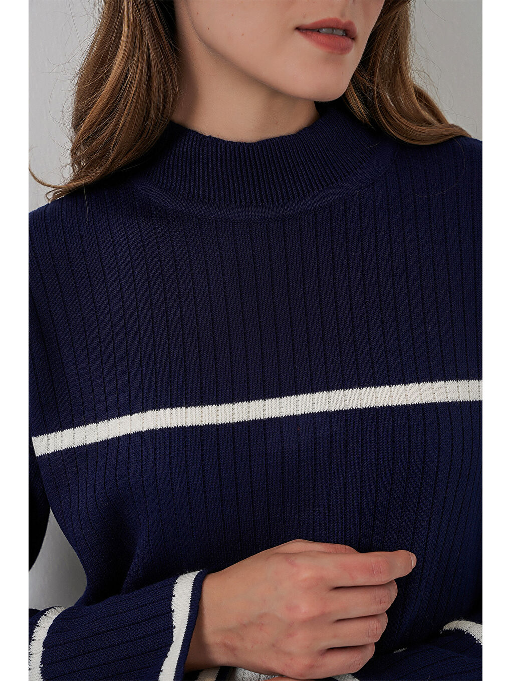 Kadın Çizgili Oversize Triko İkili Takım 15959 - Lacivert-4