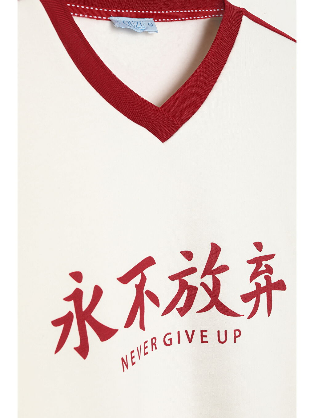 Şeritli Yazı Baskılı V Yaka Sweatshirt Ekru-1