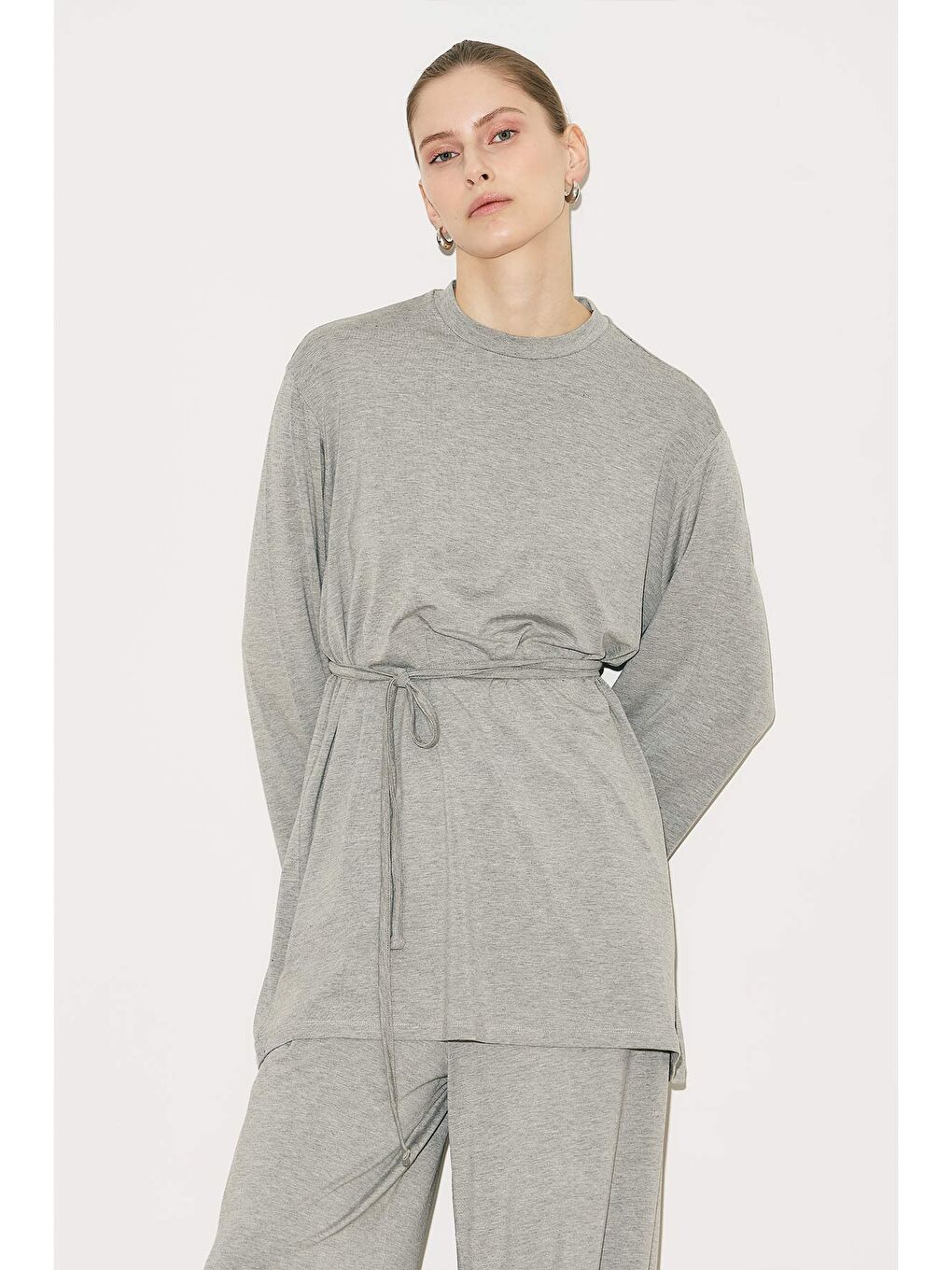 Easy Kuşaklı Rahat Bluz Gri Melanj-6