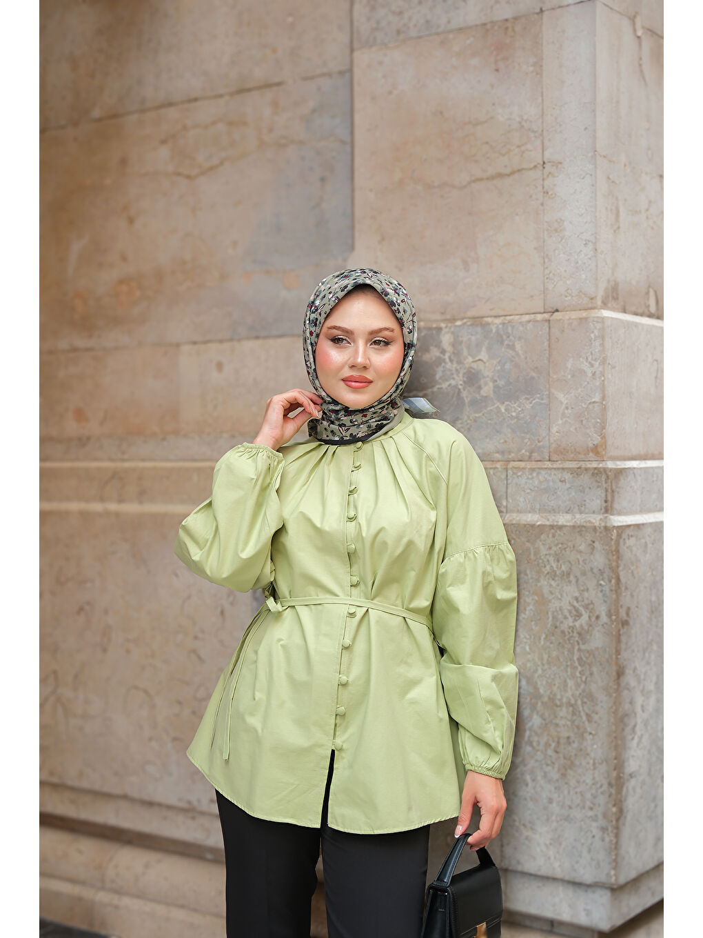 Kadın Brit Düğme Detaylı Gömlek Yeşil-3