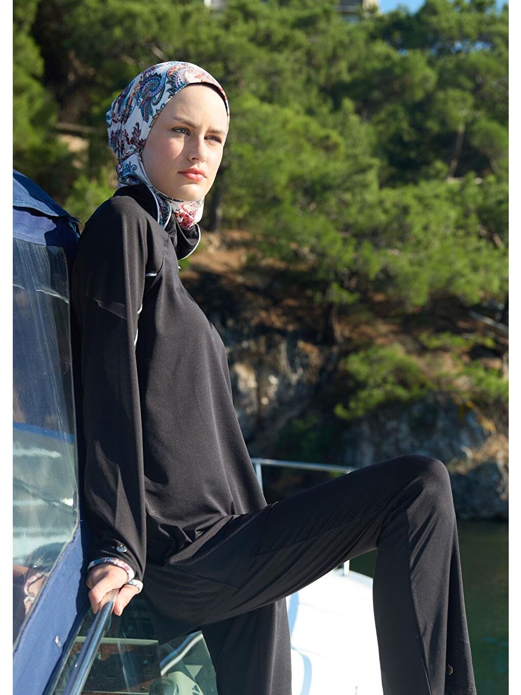 Siyah Spor Şal Desen Tesettür Mayo-3