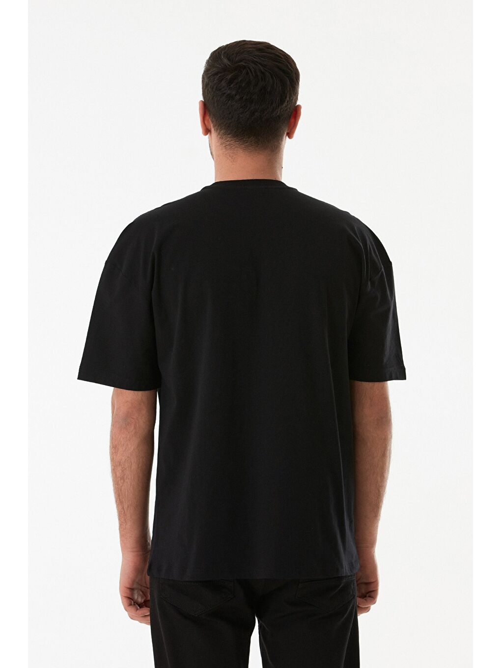 Siyah Ideal Baskılı Cep Detaylı Oversize Kısa Kol Tişört-3