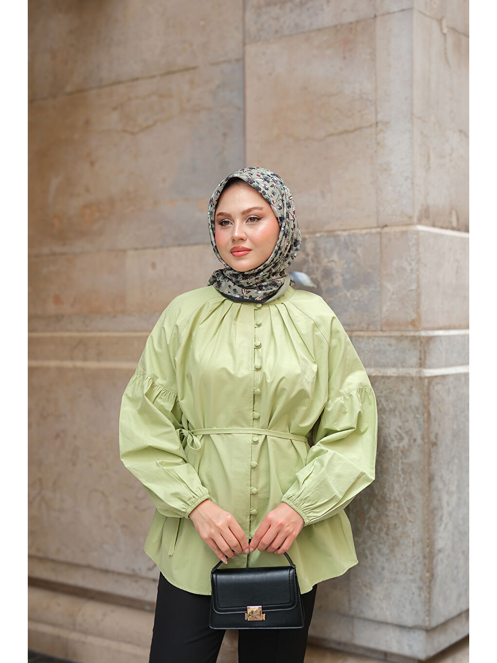 Kadın Brit Düğme Detaylı Gömlek Yeşil-4