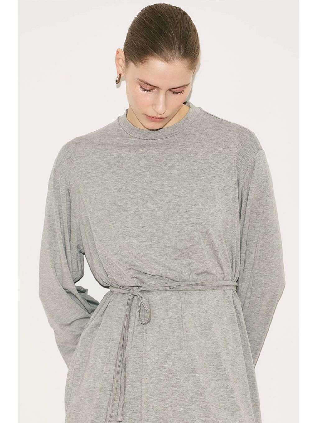 Easy Kuşaklı Rahat Bluz Gri Melanj-7