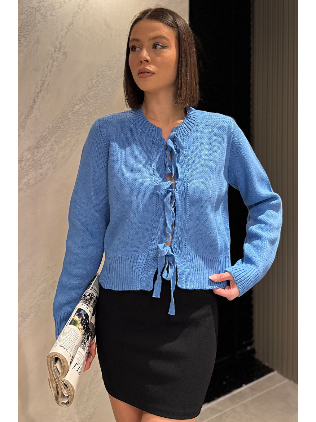 Mavi Kadın Ön Bağlamalı Triko Ceket