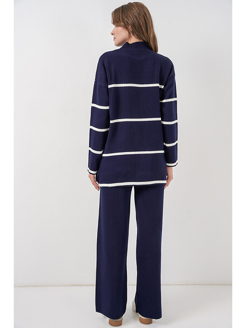 Kadın Çizgili Oversize Triko İkili Takım 15959 - Lacivert-5