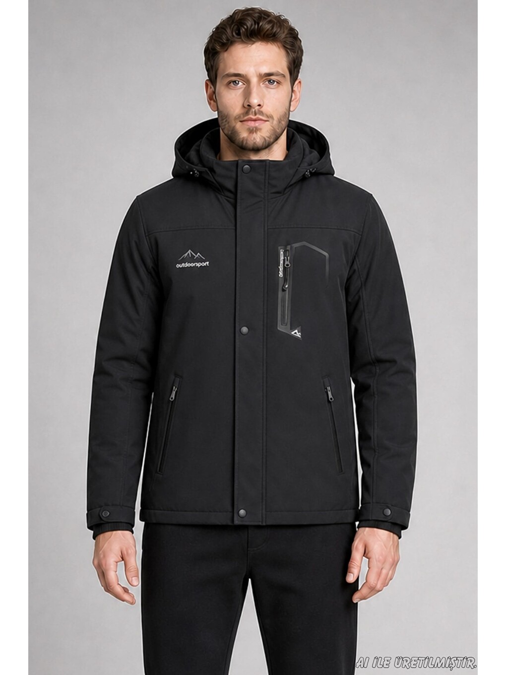 Siyah Erkek Kapüşonlu İçi Kürklü Su Ve Rüzgar Geçirmez Outdoor Softshell Mont